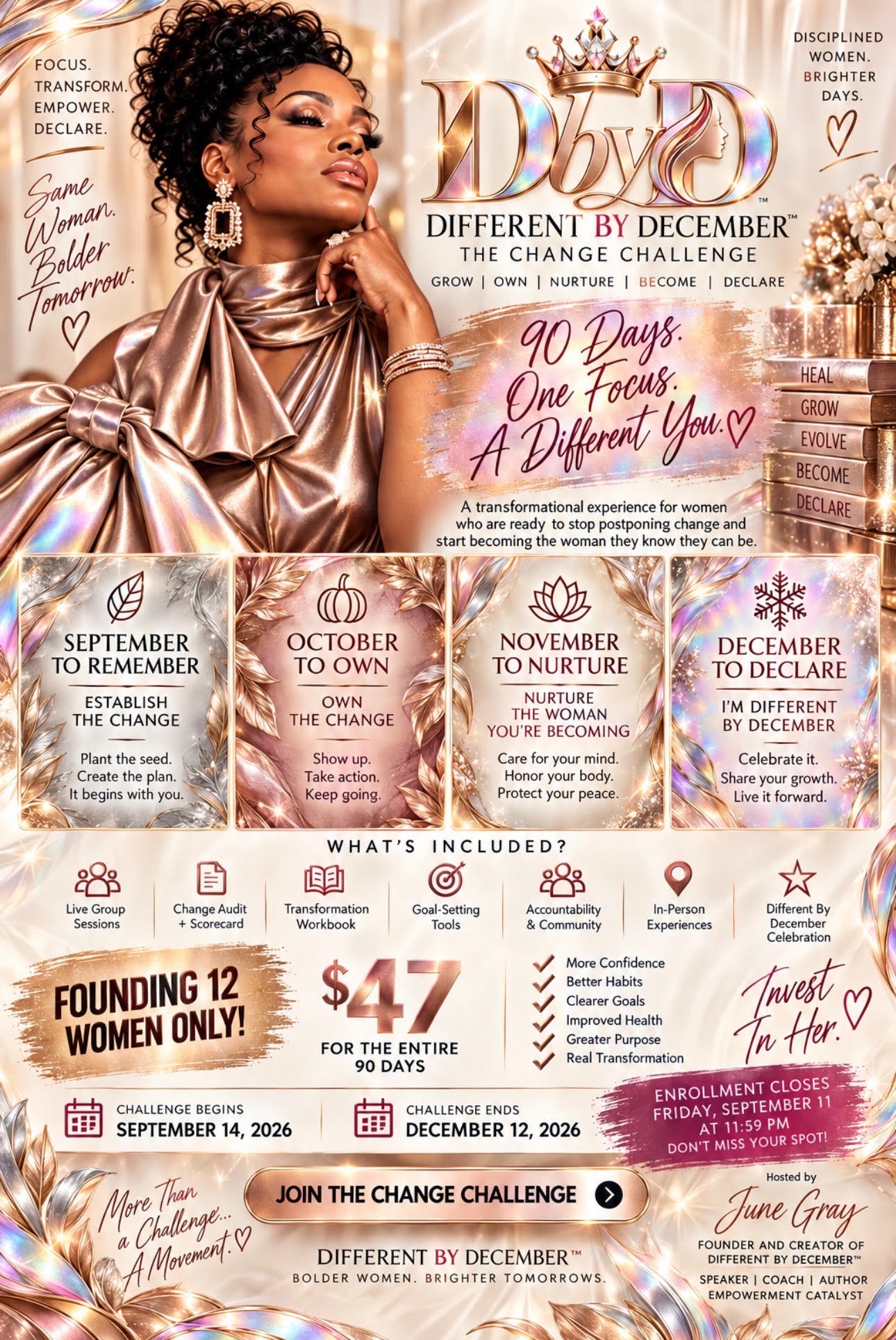 Different By December — The Change Challenge official flyer, hosted by June Gray