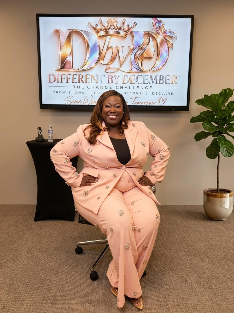 June Gray, host, speaker, and empowerment catalyst, seated beneath the Different By December branding